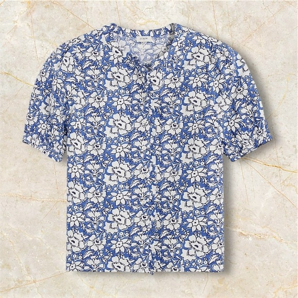 J Crew Linen-cotton blend ruffle top with puff sleeves  White/ Floral Summer XS - Picture 2 of 16